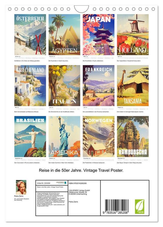 Produktbild: Reise in die 50er Jahre. Vintage Travel Poster. (Wandkalender 2026 DIN A4 hoch), CALVENDO Monatskalender