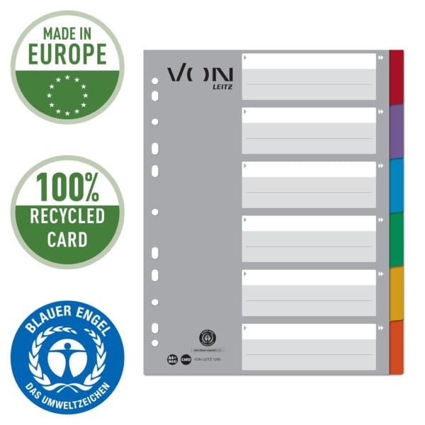 Produktbild: VON Register Blanko, A4 &Uuml;berbreite, 6 Taben, 100 % Recyclingkarton, von Leitz