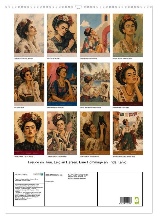 Produktbild: Freude im Haar. Leid im Herzen. Eine Hommage an Frida Kahlo (Wandkalender 2027 DIN A2 hoch), CALVENDO Monatskalender
