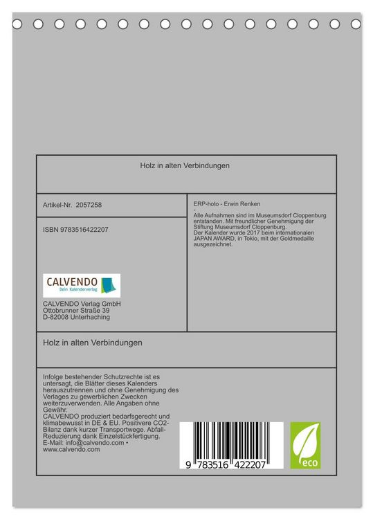 Produktbild: Holz in alten Verbindungen (Tischkalender 2026 DIN A5 hoch), CALVENDO Monatskalender