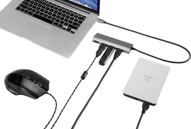 Produktbild: Renkforce RF-3374944 USB-Hub 4 Port USB-A USB 3.2 Gen1 5 GBit/s mit Aluminiumgeh&auml;use Silber
