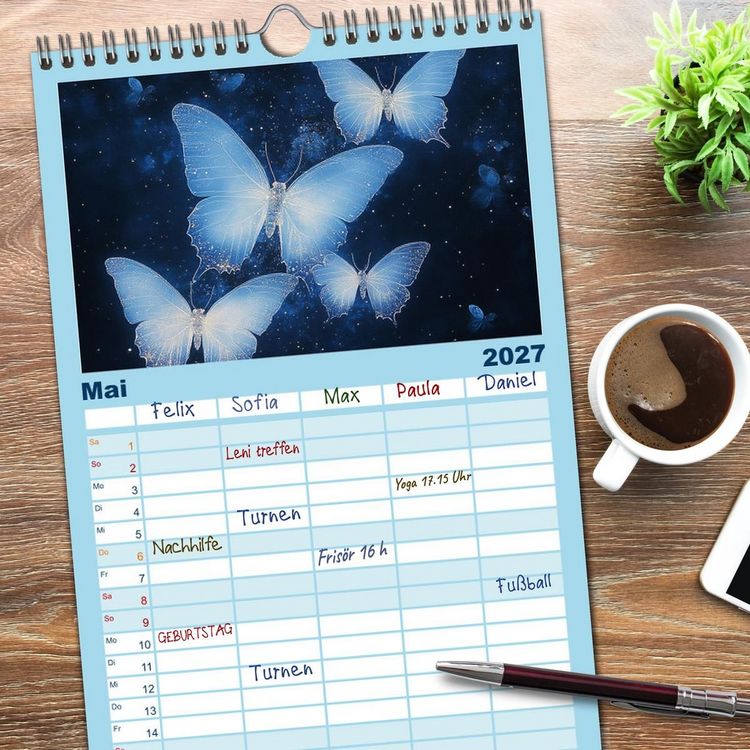 Produktbild: Familienplaner 2027 - Blauer Zauberflug mit 5 Spalten (Wandkalender, 21 x 45 cm) CALVENDO