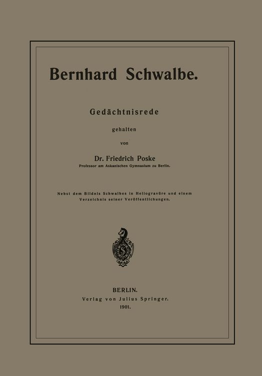 Produktbild: Bernhard Schwalbe. Ged&auml;chtnisrede