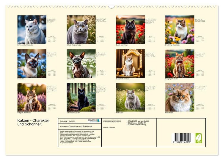 Produktbild: Katzen - Charakter und Sch&ouml;nheit (hochwertiger Premium Wandkalender 2026 DIN A2 quer), Kunstdruck in Hochglanz