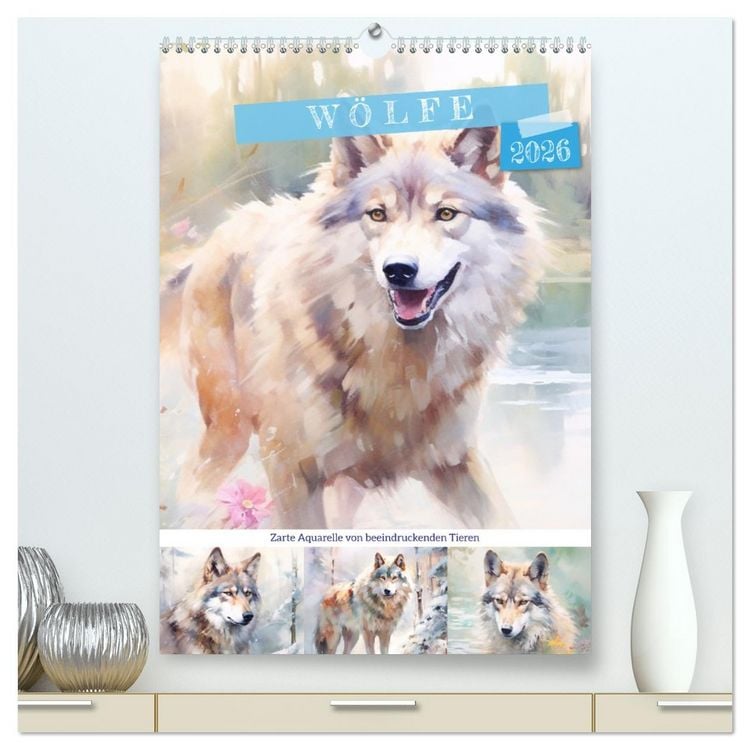 Produktbild: W&ouml;lfe. Zarte Aquarelle von beeindruckenden Tieren (hochwertiger Premium Wandkalender 2026 DIN A2 hoch), Kunstdruck in Hochglanz