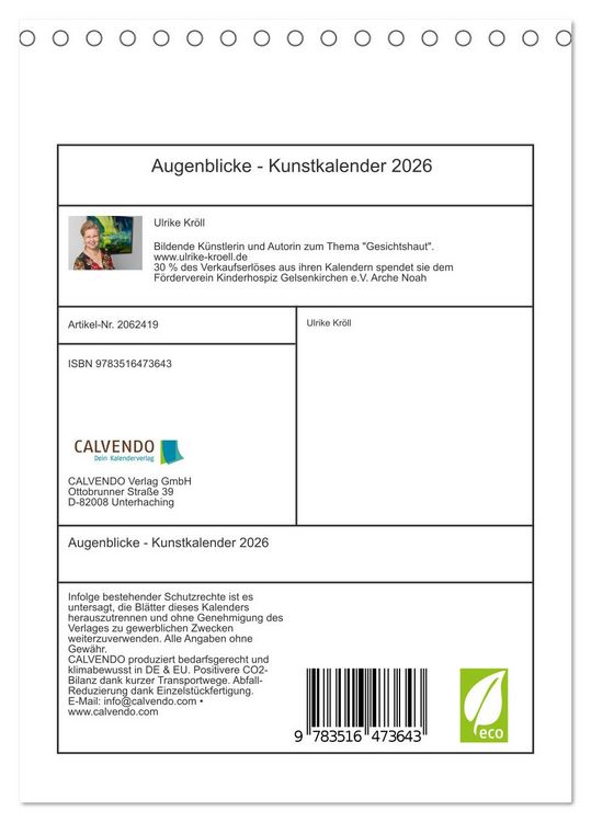 Produktbild: Augenblicke - Kunstkalender 2026 (Tischkalender 2026 DIN A5 hoch), CALVENDO Monatskalender