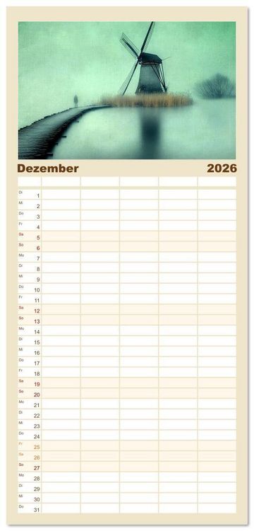 Produktbild: Familienplaner 2026 - Windgefl&uuml;ster-M&uuml;hlenimpressionen mit 5 Spalten (Wandkalender, 21 x 45 cm) CALVENDO