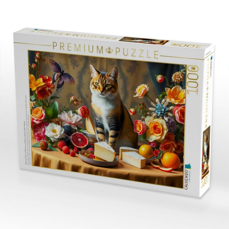 Produktbild: CALVENDO Puzzle Katze auf Tisch mit Blumen und Obst im Stil der Alten Meister | 1000 Teile Lege-Gr&ouml;&szlig;e 64x48cm Foto-Puzzle f&uuml;r gl&uuml;ckliche Stunden