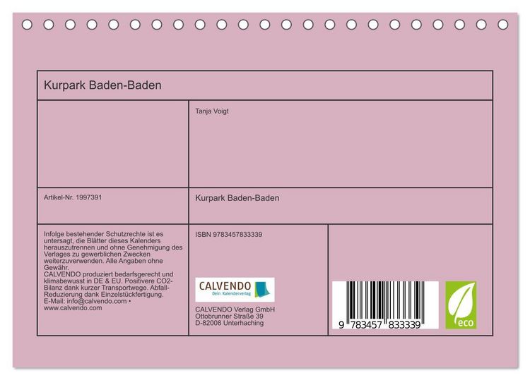 Produktbild: Kurpark Baden-Baden (Tischkalender 2026 DIN A5 quer), CALVENDO Monatskalender