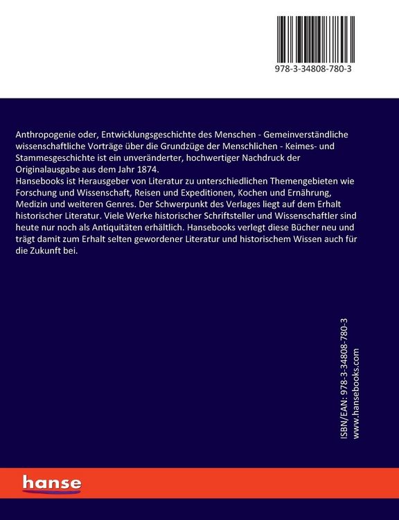 Produktbild: Anthropogenie oder, Entwicklungsgeschichte des Menschen