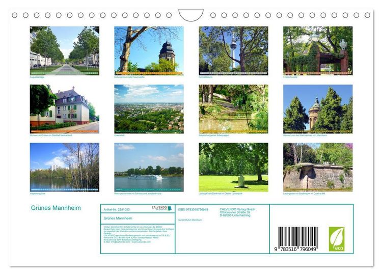 Produktbild: Gr&uuml;nes Mannheim (Wandkalender 2027 DIN A4 quer), CALVENDO Monatskalender