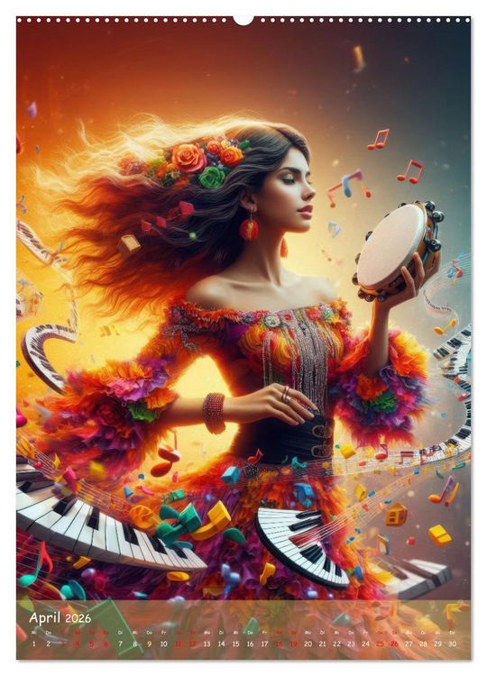 Produktbild: Musikalische Magie &ndash; Frauen in klangvollen Kleidern aus Noten und Farbe (hochwertiger Premium Wandkalender 2026 DIN A2 hoch), Kunstdruck in Hochglanz