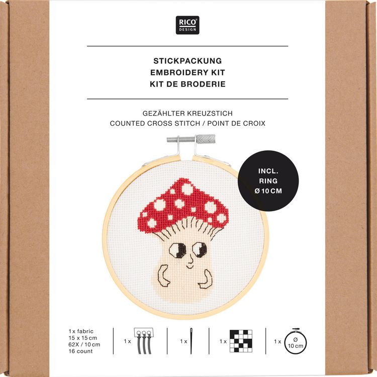 Produktbild: Stickpackung Gez&auml;hlter Kreuzstich, Shroom kleiner Pilz, inkl. Stickring &Oslash; 10 cm