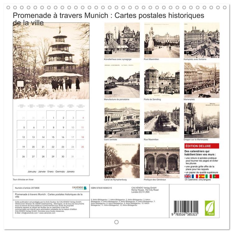 Produktbild: Promenade &agrave; travers Munich : Cartes postales historiques de la ville (Calendrier mural carr&eacute; 2026 30x30 cm) Calendrier double avec une page pour vos prises de notes