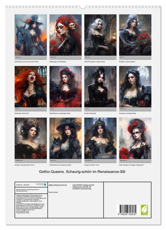 Produktbild: Gothic-Queens. Schaurig-sch&ouml;n im Renaissance-Stil (hochwertiger Premium Wandkalender 2026 DIN A2 hoch), Kunstdruck in Hochglanz