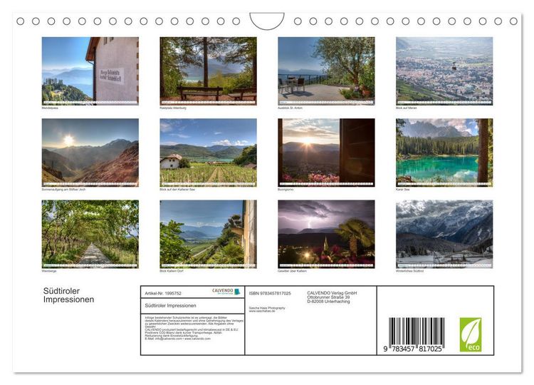 Produktbild: S&uuml;dtiroler Impressionen (Wandkalender 2026 DIN A4 quer), CALVENDO Monatskalender