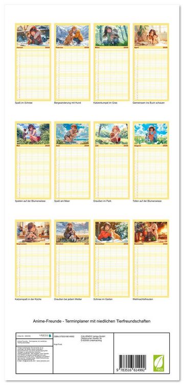 Produktbild: Familienplaner 2026 - Anime-Freunde - Terminplaner mit niedlichen Tierfreundschaften mit 5 Spalten (Wandkalender, 21 x 45 cm) CALVENDO