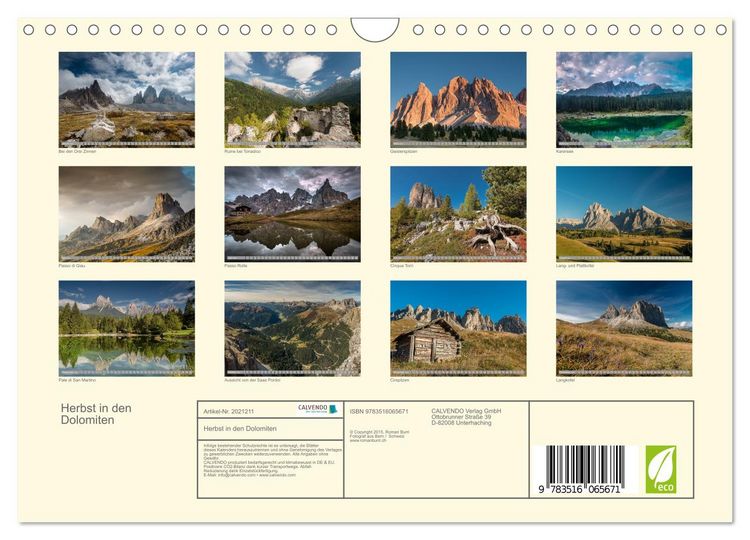 Produktbild: Herbst in den Dolomiten (Wandkalender 2026 DIN A4 quer), CALVENDO Monatskalender