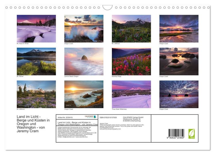 Produktbild: Land im Licht - Berge und K&uuml;sten in Oregon und Washington - von Jeremy Cram (Wandkalender 2026 DIN A3 quer), CALVENDO Monatskalender