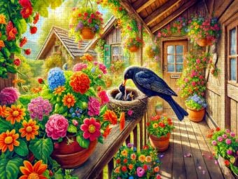 Produktbild: CALVENDO Puzzle Amsel f&uuml;ttert ihre Jungen im Nest auf der Veranda | 1000 Teile Lege-Gr&ouml;&szlig;e 64x48cm Foto-Puzzle f&uuml;r gl&uuml;ckliche Stunden