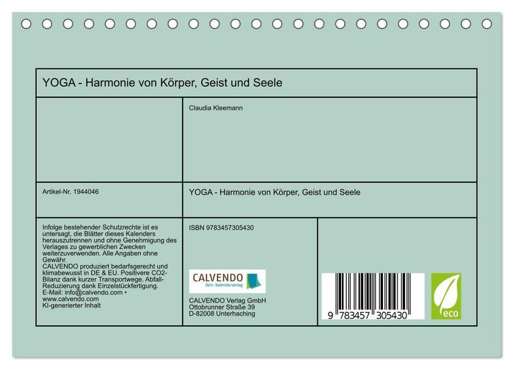 Produktbild: YOGA - Harmonie von K&ouml;rper, Geist und Seele (Tischkalender 2026 DIN A5 quer), CALVENDO Monatskalender