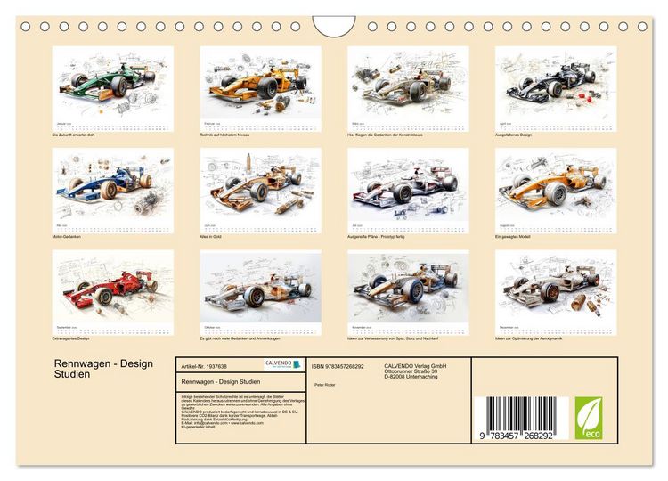 Produktbild: Rennwagen - Design Studien (Wandkalender 2026 DIN A4 quer), CALVENDO Monatskalender