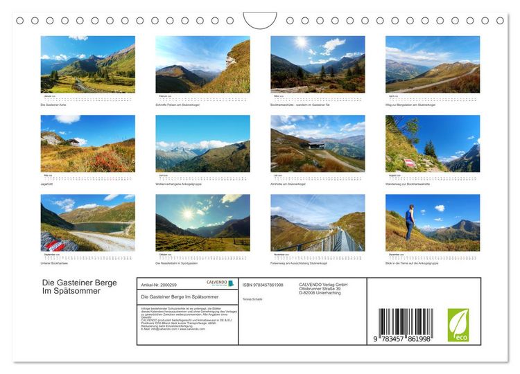 Produktbild: Die Gasteiner Berge Im Sp&auml;tsommer (Wandkalender 2026 DIN A4 quer), CALVENDO Monatskalender