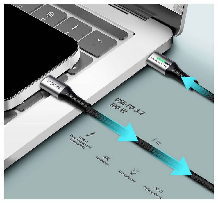 Produktbild: LogiLink USB-C&reg; Kabel USB 3.2 Gen2x2 USB-C&reg; Stecker 1.00 m Schwarz mit LED, 4K UHD, beidseitig verwendbarer Stecker CU0432