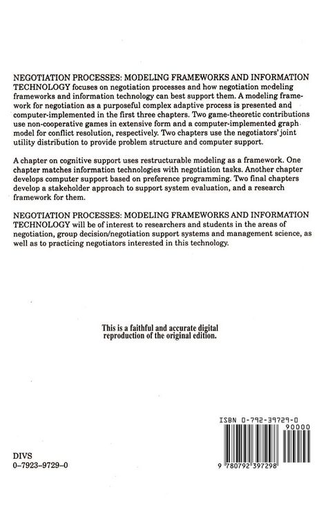 Produktbild: Negotiation Processes: Modeling Frameworks and Information Technology