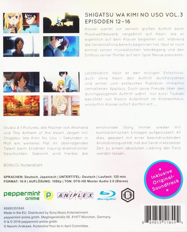 Produktbild: Shigatsu Wa Kimi No Uso - Sekunden in Moll Vol. 3 Ep. 12-16 (inkl. Soundtrack)
(inkl. Notenbl&auml;tter)