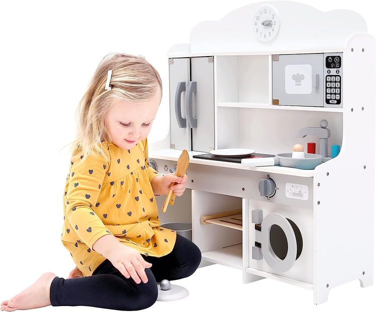 Bino 83737 - Kinderküche mit Waschmaschine und Zubehör, Spielküche, weiß-grau, Holz, 12-teilig, Höhe: 69 cm