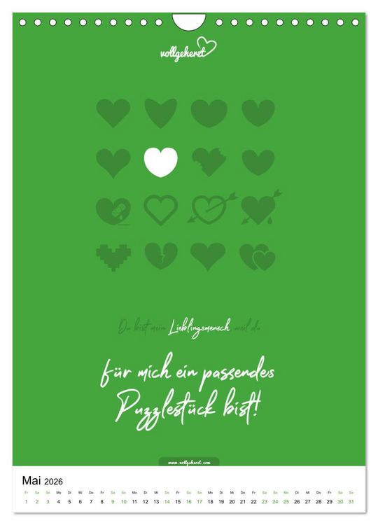 Produktbild: vollgeherzt: Lieblingsmensch-Kalender - Der Wandkalender als Geschenk f&uuml;r ganz besondere Menschen (Wandkalender 2026 DIN A4 hoch), CALVENDO Monatskalender