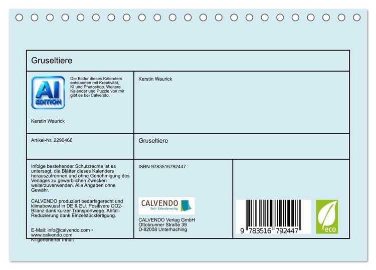 Produktbild: Gruseltiere (Tischkalender 2027 DIN A5 quer), CALVENDO Monatskalender