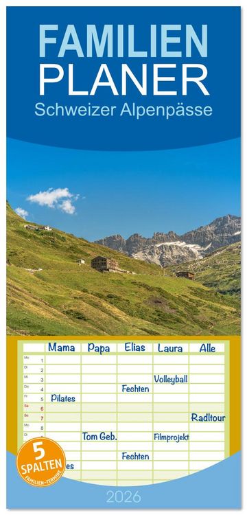 Produktbild: Familienplaner 2026 - Schweizer Alpenp&auml;sse mit 5 Spalten (Wandkalender, 21 x 45 cm) CALVENDO