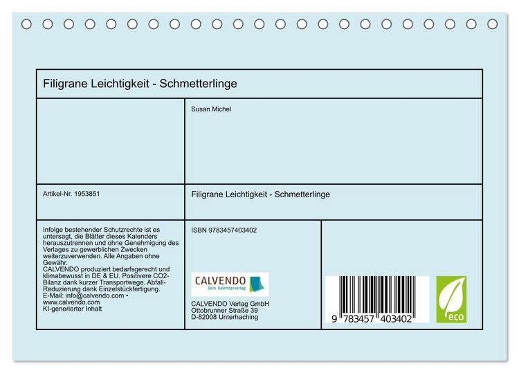 Produktbild: Filigrane Leichtigkeit - Schmetterlinge (Tischkalender 2026 DIN A5 quer), CALVENDO Monatskalender