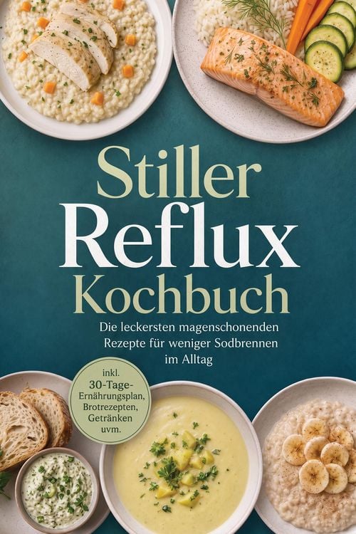 Produktbild: Stiller Reflux Kochbuch: Die leckersten magenschonenden Rezepte f&uuml;r weniger Sodbrennen im Alltag - inkl. 30-Tage-Ern&auml;hrungsplan, Brotrezepten, Getr&auml;nk