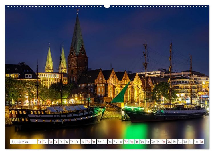 Produktbild: Bremen und Bremerhaven - Nachtaufnahmen (hochwertiger Premium Wandkalender 2026 DIN A2 quer), Kunstdruck in Hochglanz