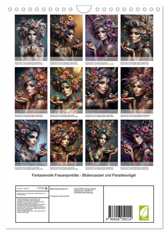 Produktbild: Fantasievolle Frauenportr&auml;ts - Bl&uuml;tenzauber und Paradiesv&ouml;gel (Wandkalender 2026 DIN A4 hoch), CALVENDO Monatskalender