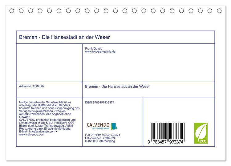 Produktbild: Bremen - Die Hansestadt an der Weser (Tischkalender 2026 DIN A5 quer), CALVENDO Monatskalender