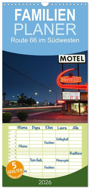 Produktbild: Familienplaner 2026 - Route 66 im S&uuml;dwesten mit 5 Spalten (Wandkalender, 21 x 45 cm) CALVENDO