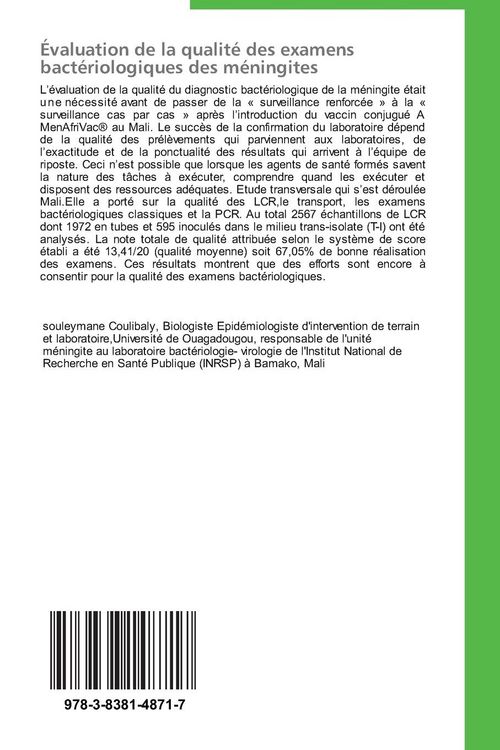 Produktbild: &Eacute;valuation de la qualit&eacute; des examens bact&eacute;riologiques des m&eacute;ningites