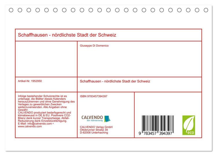 Produktbild: Schaffhausen - n&ouml;rdlichste Stadt der Schweiz (Tischkalender 2026 DIN A5 quer), CALVENDO Monatskalender