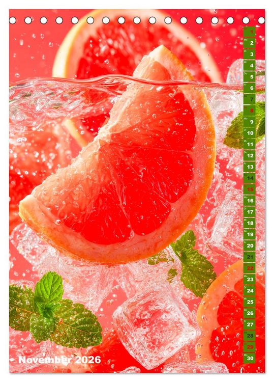 Produktbild: Fruchtige Erfrischung - K&uuml;chenkalender mit bunten Fr&uuml;chten im Wasser (Tischkalender 2026 DIN A5 hoch), CALVENDO Monatskalender