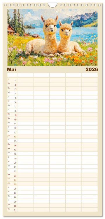 Produktbild: Familienplaner 2026 - Alpakas. Entz&uuml;ckende Paintings in duftigen Farben mit 5 Spalten (Wandkalender, 21 x 45 cm) CALVENDO