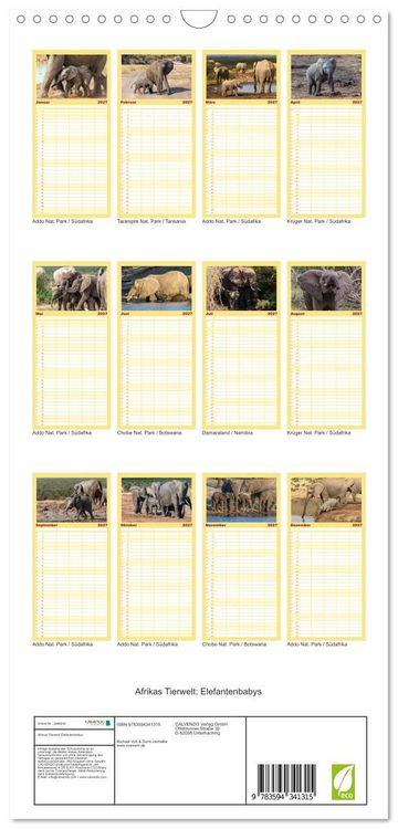 Produktbild: Familienplaner 2027 - Afrikas Tierwelt: Elefantenbabys mit 5 Spalten (Wandkalender, 21 x 45 cm) CALVENDO