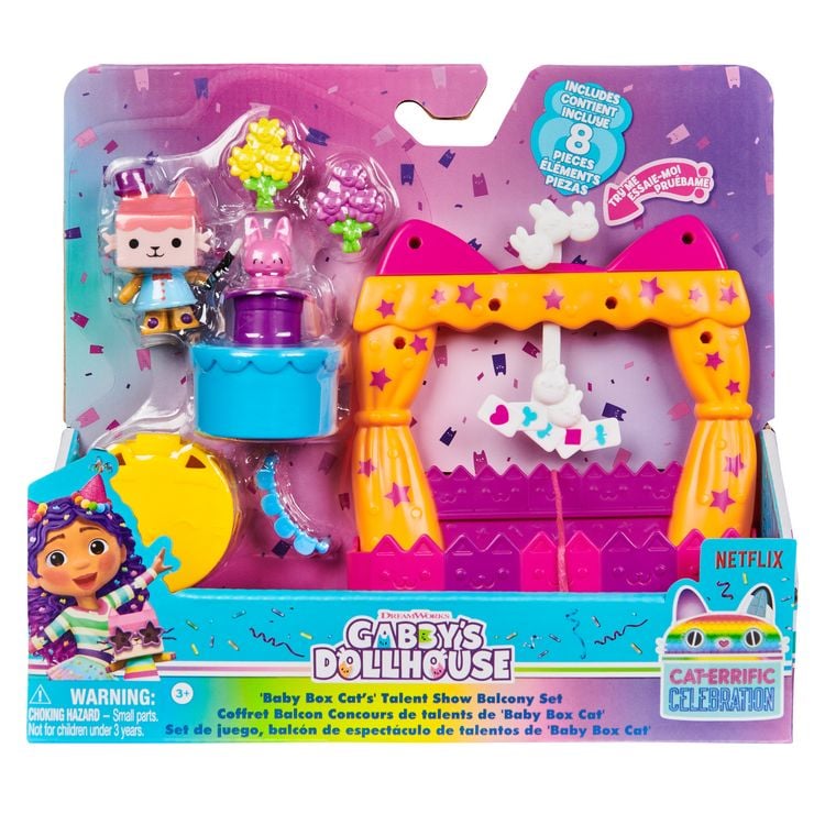 Produktbild: Gabby's Dollhouse, Balkon-Spielset Baby Box Talentwettbewerb, 8-teiliges Set mit Katzenfigur und Zubehörteilen
