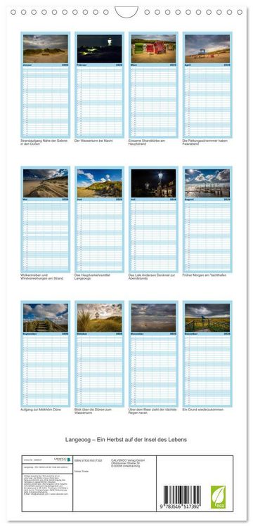 Produktbild: Familienplaner 2026 - Langeoog &ndash; Ein Herbst auf der Insel des Lebens mit 5 Spalten (Wandkalender, 21 x 45 cm) CALVENDO