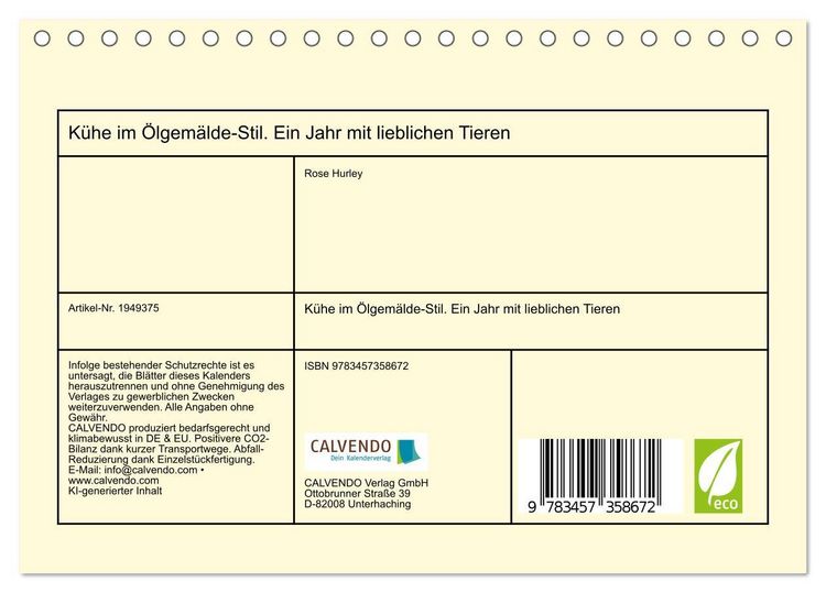 Produktbild: K&uuml;he im &Ouml;lgem&auml;lde-Stil. Ein Jahr mit lieblichen Tieren (Tischkalender 2026 DIN A5 quer), CALVENDO Monatskalender