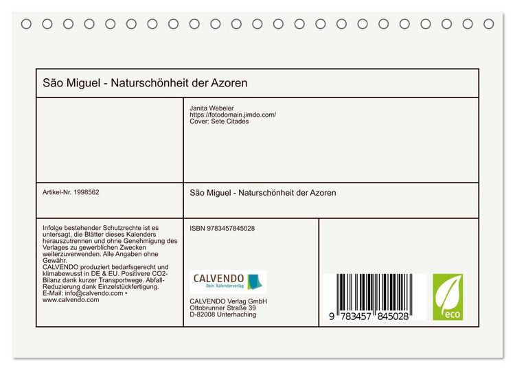 Produktbild: S&atilde;o Miguel - Natursch&ouml;nheit der Azoren (Tischkalender 2026 DIN A5 quer), CALVENDO Monatskalender