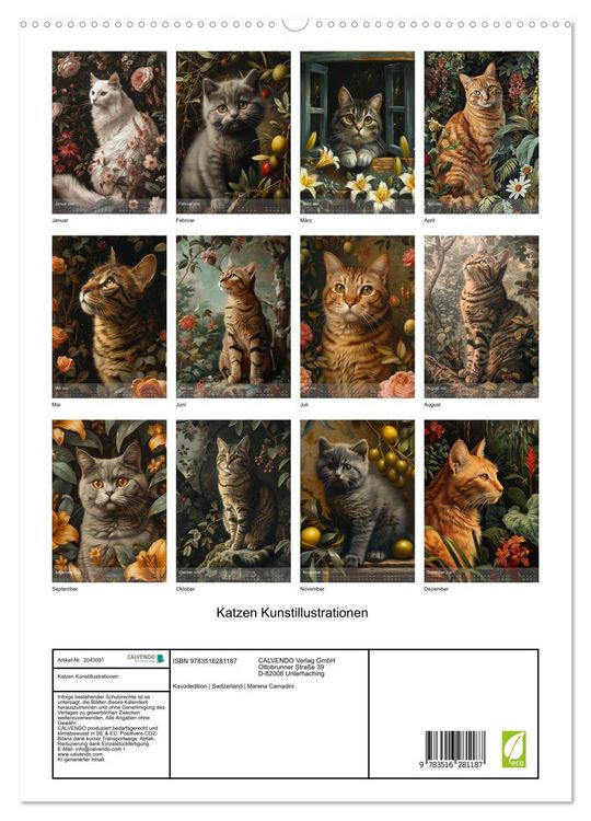 Produktbild: Katzen Kunstillustrationen (hochwertiger Premium Wandkalender 2026 DIN A2 hoch), Kunstdruck in Hochglanz